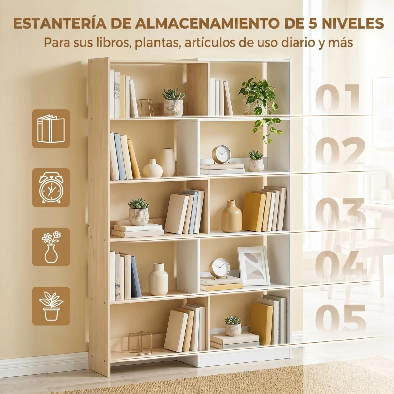 HOMCOM Estantería Expandible 5 Niveles Giratoria 350° Ancho Ajustable Convertible en en L Recta o Compacta 111,5x23,8x163,7 cm