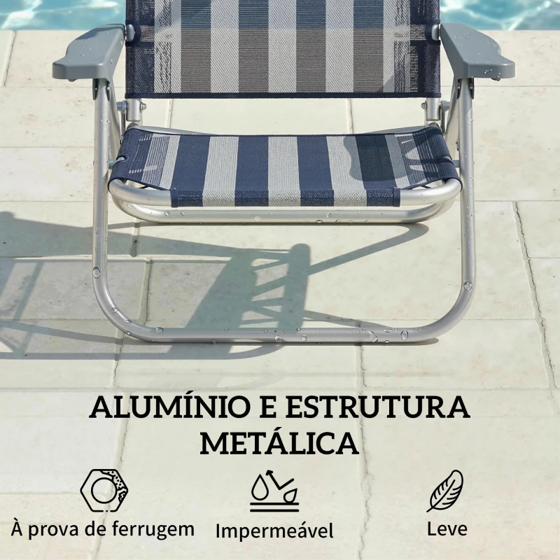 Outsunny Conjunto de 2 Cadeiras de Praia Dobráveis com Toldo Ajustável, Encosto Reclinável em 6 Posições e Apoio de Cabeça, Azul e Branco