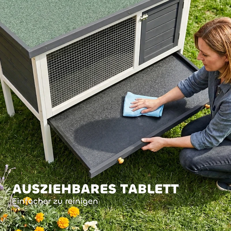 PawHut Hasenstall erhöhter Kaninchenstall aus Holz mit aufklappbar Bitumendach herausziehbarer Schublade 90x45x65 cm Grau
