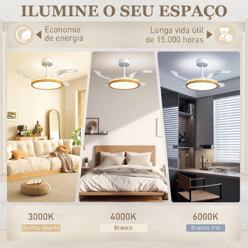 HOMCOM Ventoinha de Teto com Luz LED 80 W Motor DC Reversível Controlo Remoto 6 Velocidades Temporizador Ø95 cm Branco e Madeira