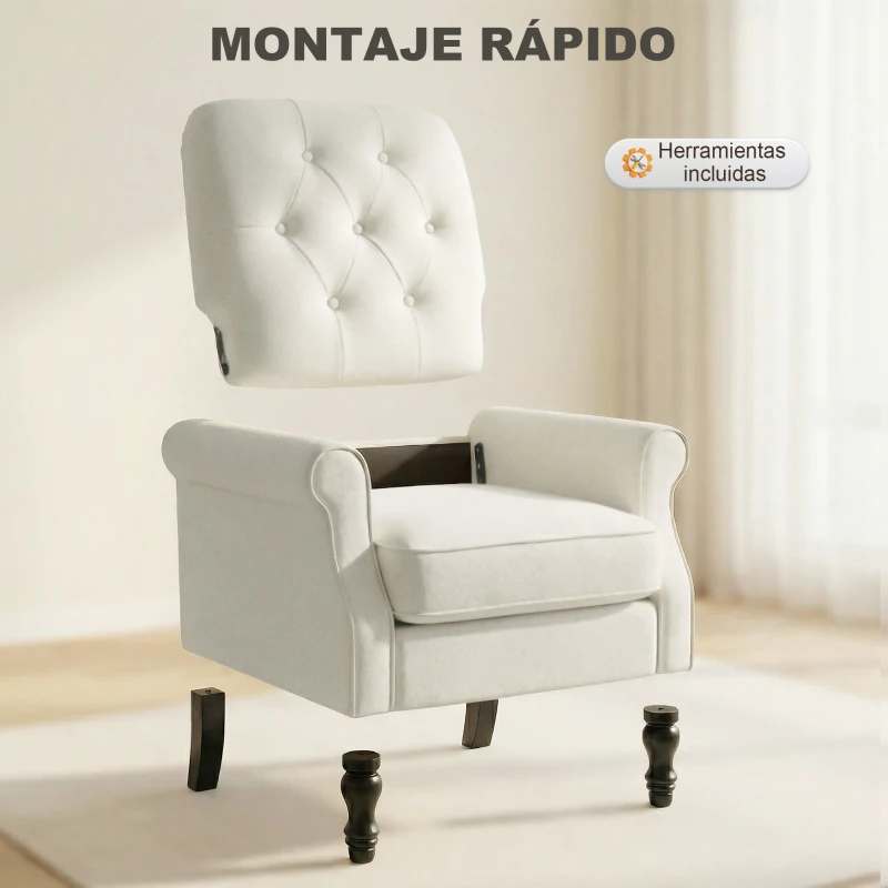 HOMCOM Sofá Individual Tapizado en Lino Asiento Acolchado Grueso Respaldo Capitoné Patas de Madera Maciza Crema
