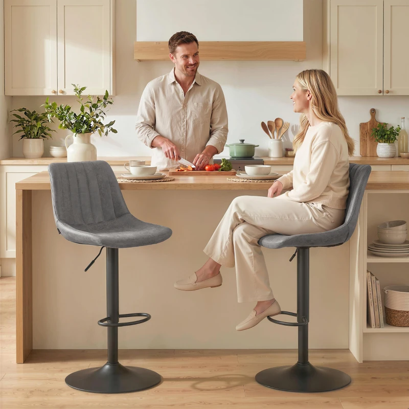 HOMCOM Breakfast Bar Stools Set of 2, 59-80cm Sitting Hight Leather Upholstered Bar Chairs - Grey