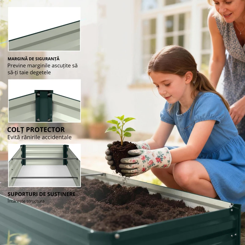 Outsunny Ghiveci dreptunghiular pentru grădină din oțel galvanizat margine de siguranță și fund deschis 150x70x30cm verde