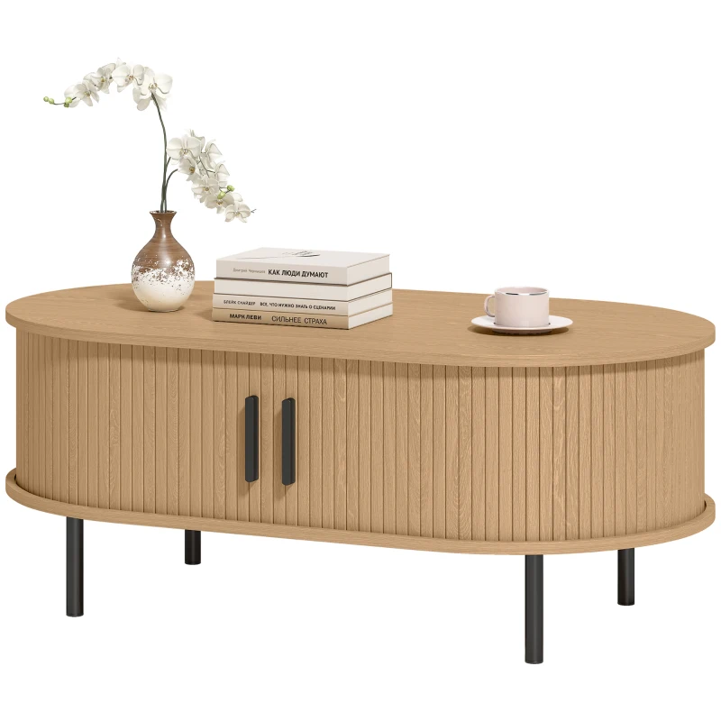 HOMCOM Tavolino ovale con ante scorrevoli e vano nascosto, 100x55x40 cm, Legno Naturale
