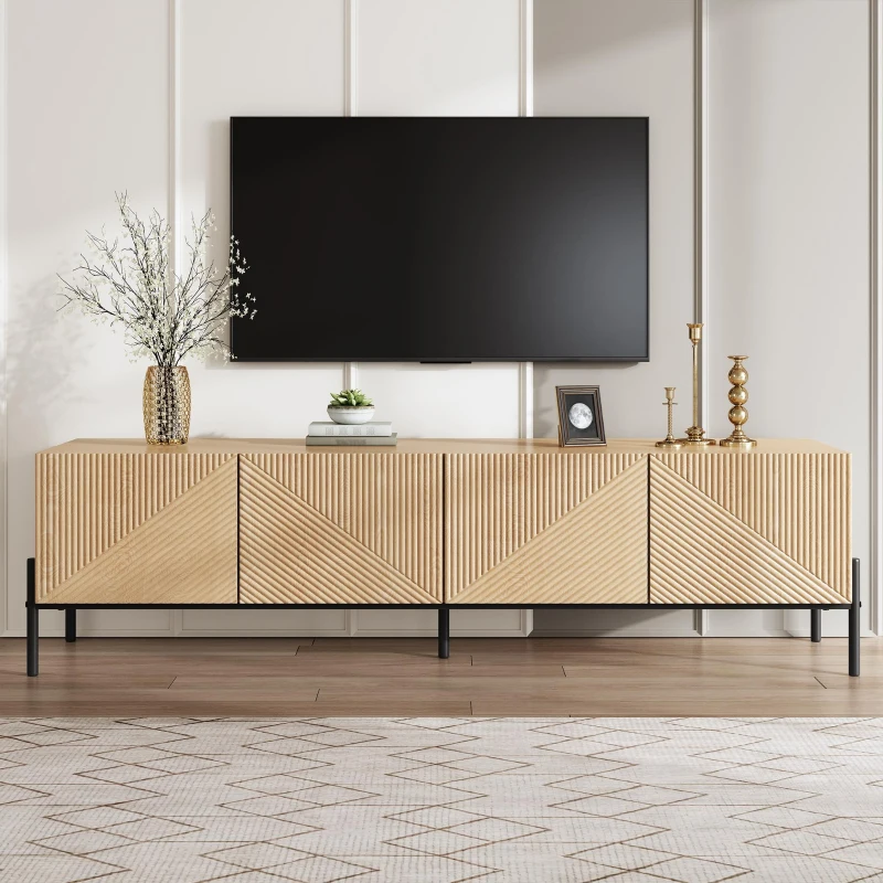 Meuble TV bas avec 4 portes à ouverture par pression, design géométrique, piètement en métal, 163,5x40x45 cm, Couleur naturelle