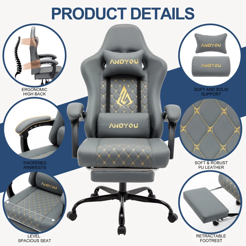 ANDYOU Ergonomischer Gaming-Stuhl aus PU-Leder im Racing-Stil – bequem und verstellbar, Grau