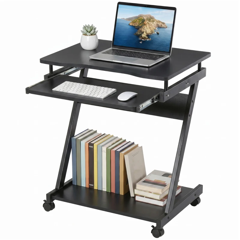 HOMCOM Mesa de Ordenador con Ruedas 60x48 cm con Bandeja Deslizante para Teclado y Estante Inferior Marco Metálico Negro