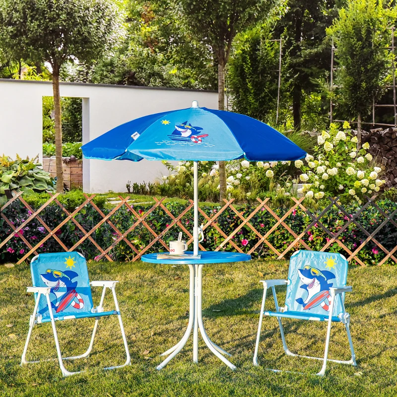 Outsunny Kindersitzgruppe, 4 teilige Kindersitzgarnitur mit Sonnenschirm, Kindertisch mit 2 Klappstühlen, Outdoor Picknicktisch für Kinder 3-6 Jahre, Gartenmöbel für Garten, Hinterhof, Terrasse, Blau