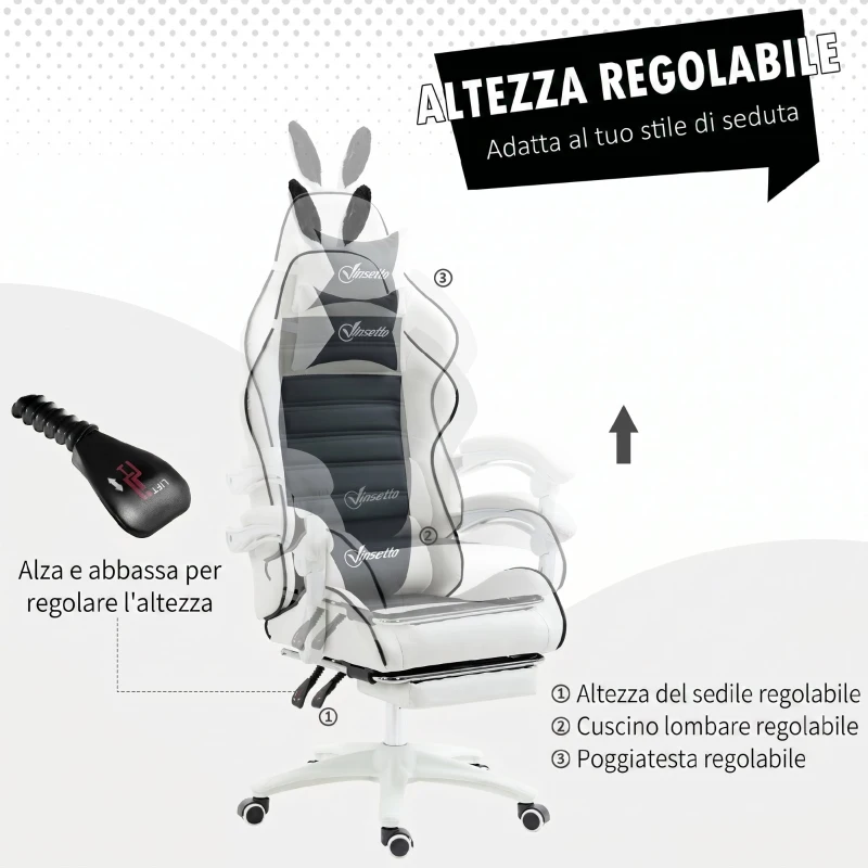Vinsetto Sedia Gaming Reclinabile con Poggiapiedi e Cuscini, Orecchie da Coniglio e Altezza Regolabile, Nero
