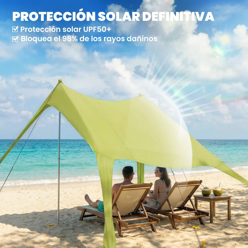 Outsunny Carpa Playa Plegable con Esterilla UPF50+ Postes de Aluminio Pala Estacas y Bolsa de Transporte Verde