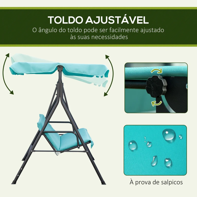 Outsunny Baloiço de Jardim de 3 Lugares com Teto Ajustável e Estrutura de Aço Suporta até 240 kg 172x110x153 cm Verde Azulado