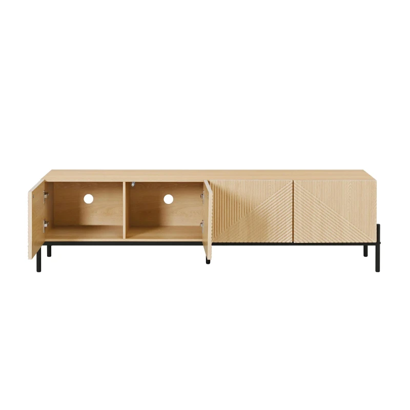 Meuble TV bas avec 4 portes à ouverture par pression, design géométrique, piètement en métal, 163,5x40x45 cm, Couleur naturelle