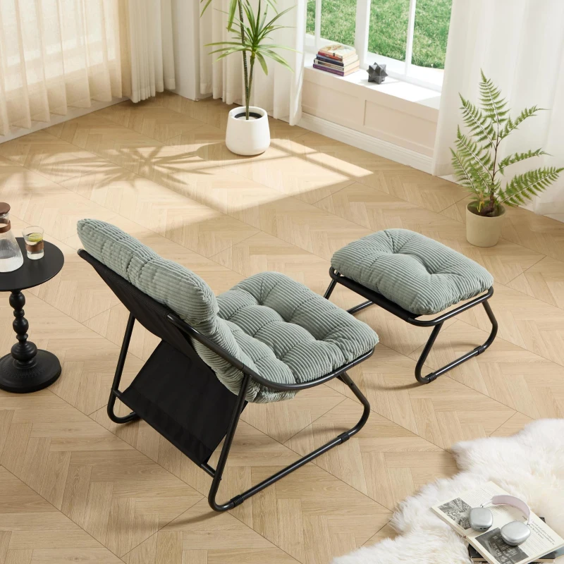 Fauteuil lounge d'extérieur avec pouf, coussin rembourré, tissu sling, structure en acier, Vert clair
