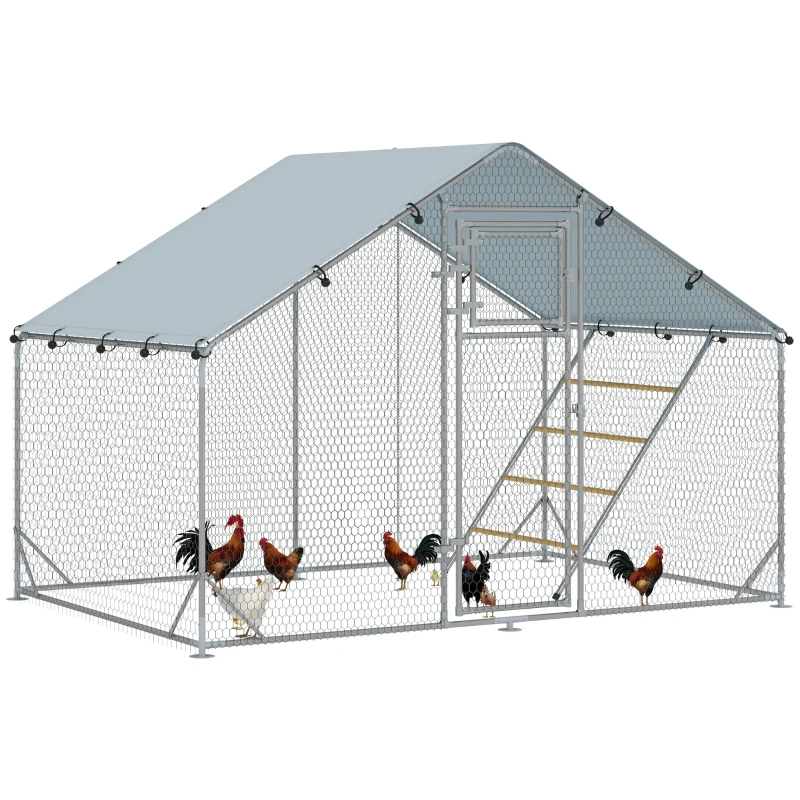PawHut Recinto per Galline da 6m² per 6-8 Animali con Tetto Impermeabile, Mangiatoia e Posatoio, 3x2x1.9m, Argento