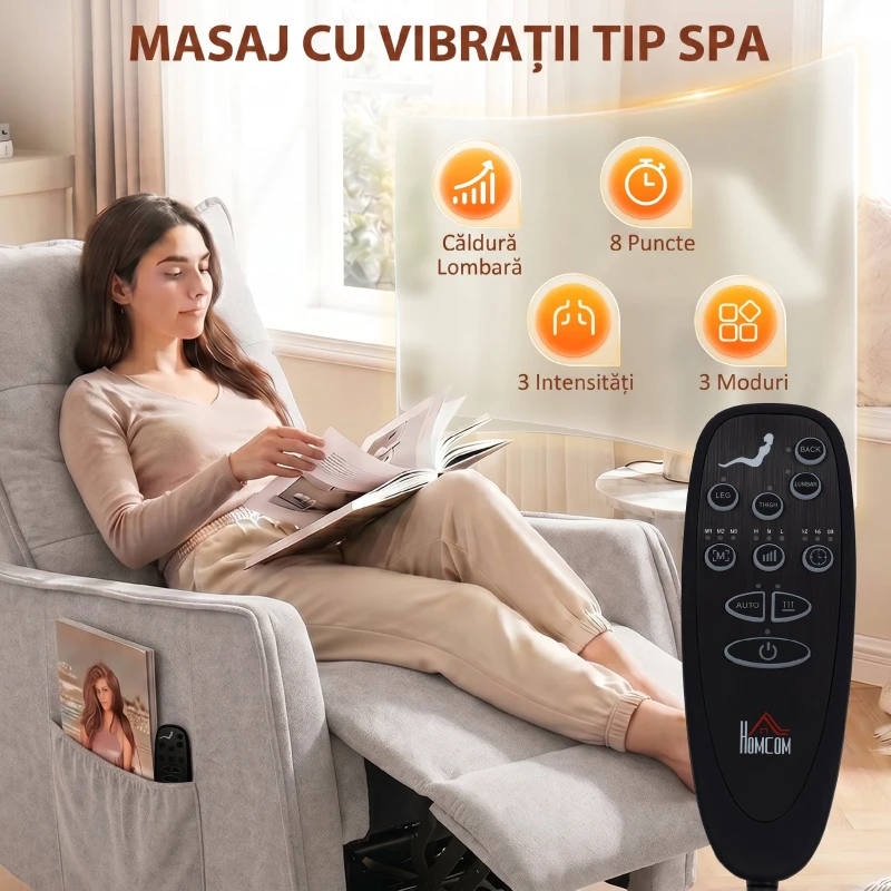 HOMCOM Fotoliu Masaj Reclinabil cu Încălzire Rotativ din Chenille cu Suport pentru Picioare și Telecomandă, Gri Deschis