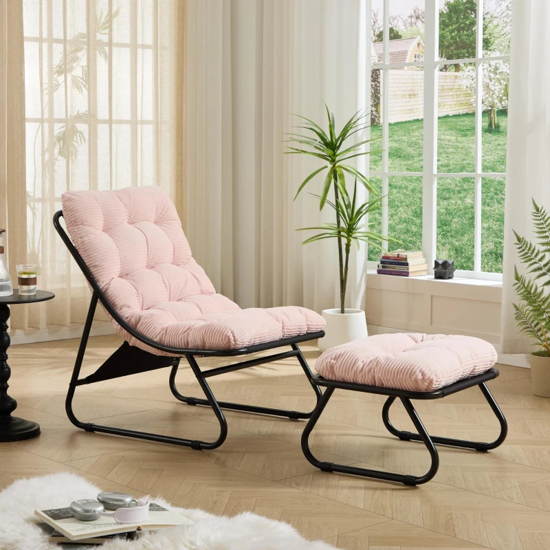 Fauteuil lounge d'extérieur avec pouf, coussin rembourré, tissu sling, structure en acier, Rose