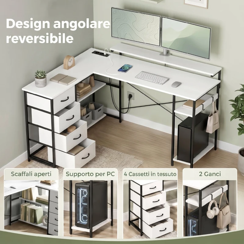 HOMCOM Scrivania Angolare a L Reversibile con Prese di Corrente e 4 Cassetti in Tessuto, Bianco