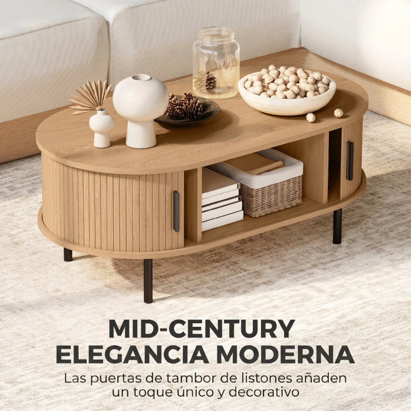 HOMCOM Mesa de Centro con Puertas de Tambor Deslizantes Mesa de Café Ovalada con Almacenamiento Oculto 100x55x40 cm Natural