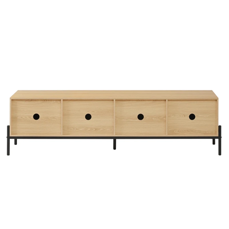 Meuble TV bas avec 4 portes à ouverture par pression, design géométrique, piètement en métal, 163,5x40x45 cm, Couleur naturelle