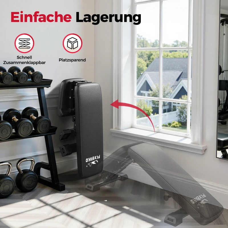 FLYBIRD Multifunktionale Hantelbank, verstellbare Profi-Trainingsbank mit 363 kg Traglast für Heimfitness, Schnellverstellung, platzsparend klappbar, ASTM-zertifiziert, 90% vormontiert