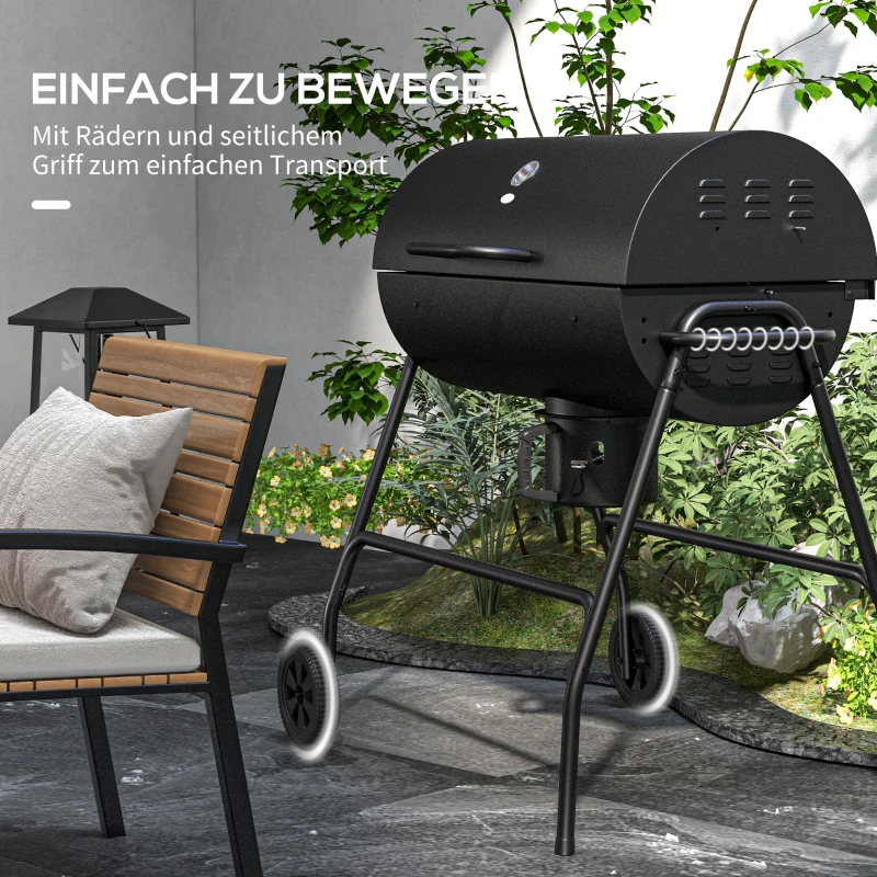 Outsunny Metalen Houtskoolbarbecue BBQ Smoker met Deksel Thermometer Wielen Grillwagen 95x71,5x102 cm Zwart