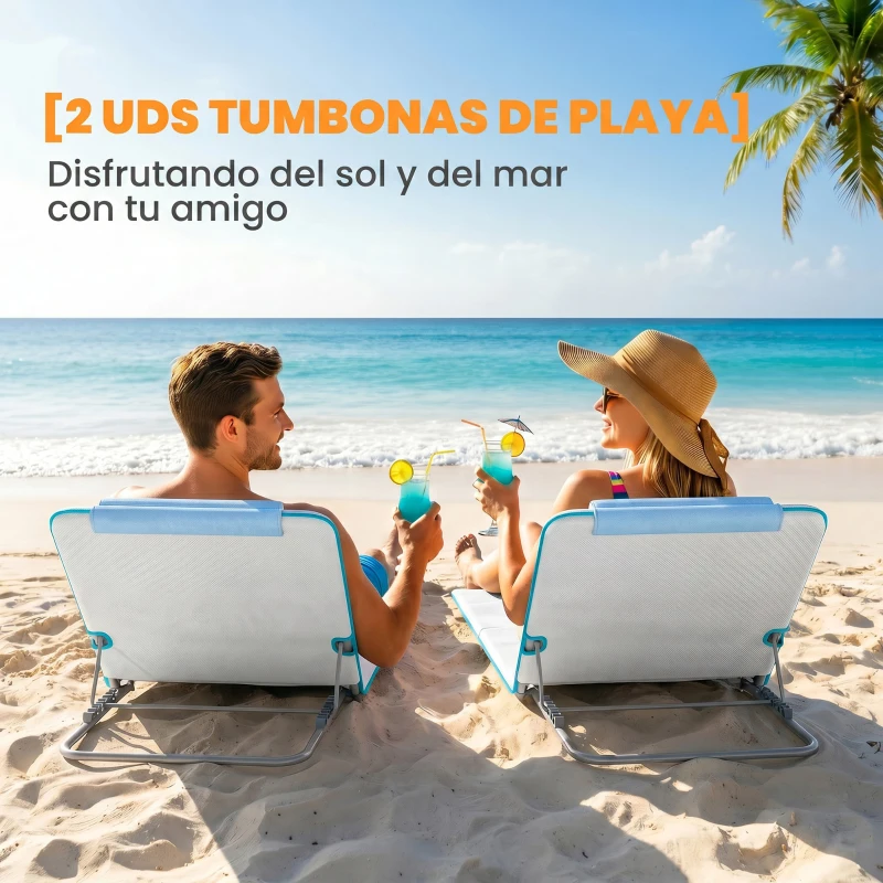 Outsunny Conjunto de 2 Esterillas con Respaldo Reclinable en 5 Niveles Reposacabezas y Bolsa de Transporte 134x48x33-43 cm Beige