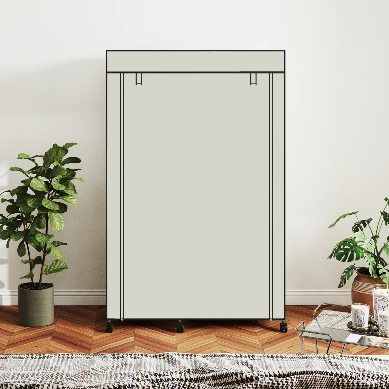 HOMCOM Armario de Tela con Ruedas Ropero Portátil con 6 Estantes y 1 Barra de Colgar para Dormitorio 103x43x162,5cm Crema