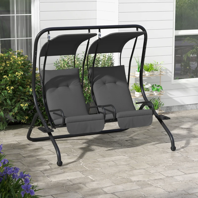 Outsunny Balancelle de Jardin 2 Places indépendantes 2 tablettes Supports Coussins Assise Dossier Grand Confort