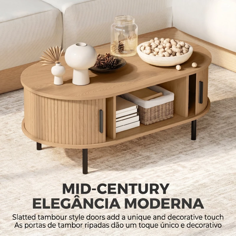 HOMCOM Mesa de Centro com Portas Deslizantes Mesa de Café Oval com Armazenamento Oculto 100x55x40 cm Natural