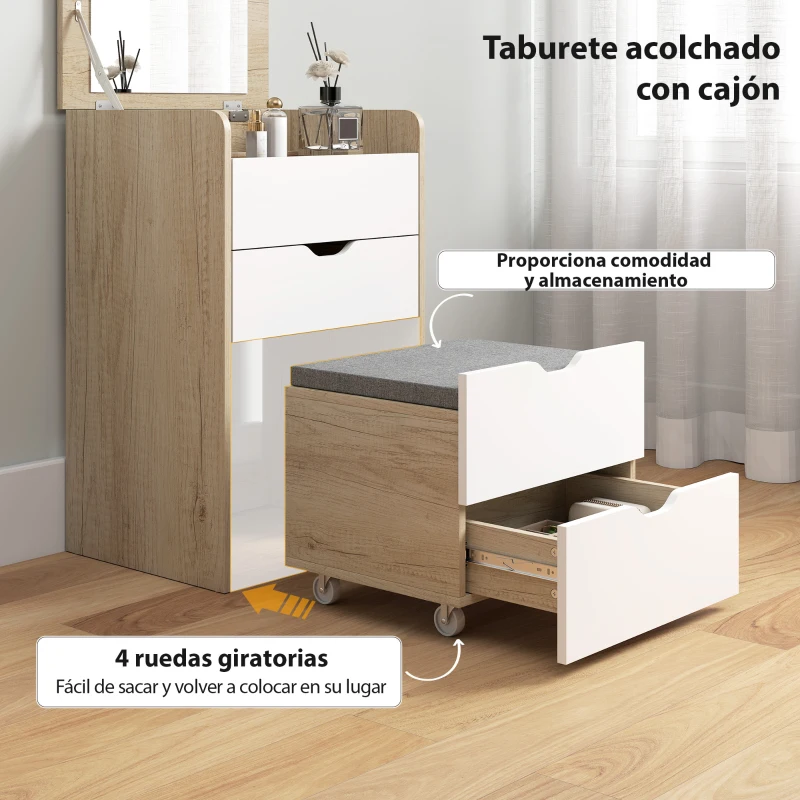 HOMCOM Tocador de Maquillaje 3 en 1 con Taburete Oculto y Espejo Abatible Mesa de Maquillaje de Vidrio Visible Roble y Blanco