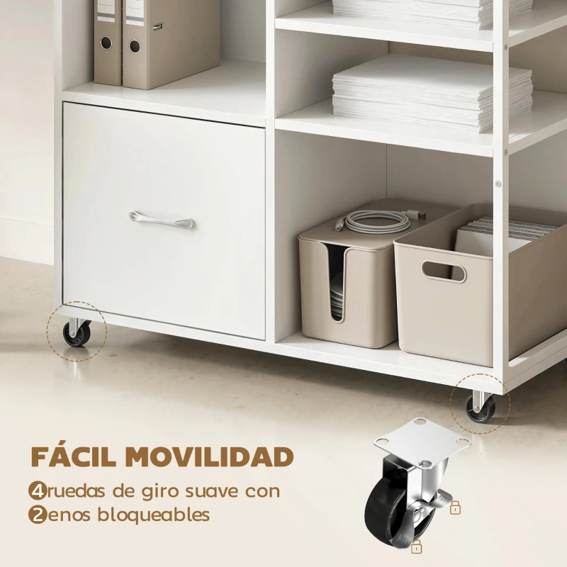 HOMCOM Mueble para Impresora con Ruedas Mesa para Impresora con Estantes Abiertos y Cajón para Documentos Tamaño A4 Blanco