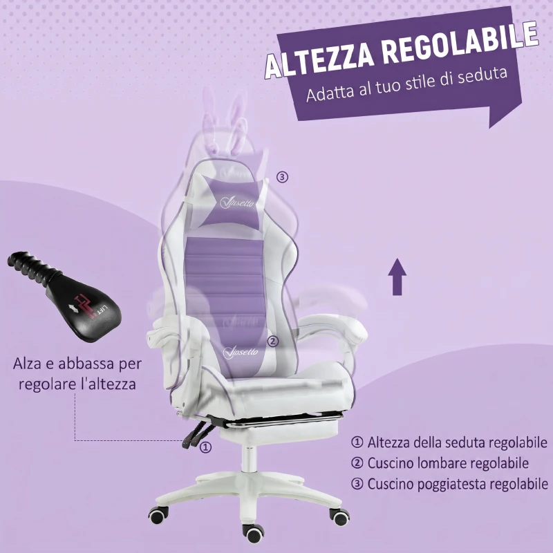 Vinsetto Sedia Gaming con Orecchie da Coniglio, Poggiapiedi, Cuscini, Reclinabile e Altezza Regolabile, Viola