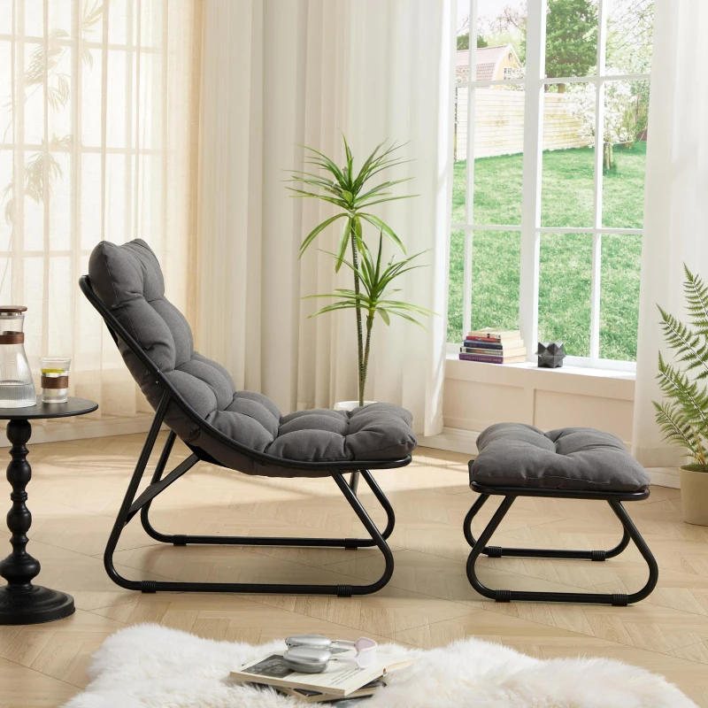 Fauteuil lounge d'extérieur avec pouf, coussin rembourré, tissu sling, structure en acier, Gris
