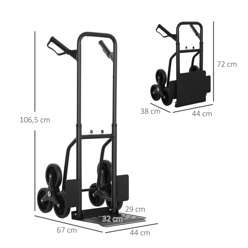 DURHAND Diable d'escalier pliable 120 kg 6 roues, diable demenagement en acier avec cordes télescopiques, 44x67x106,5cm, noir