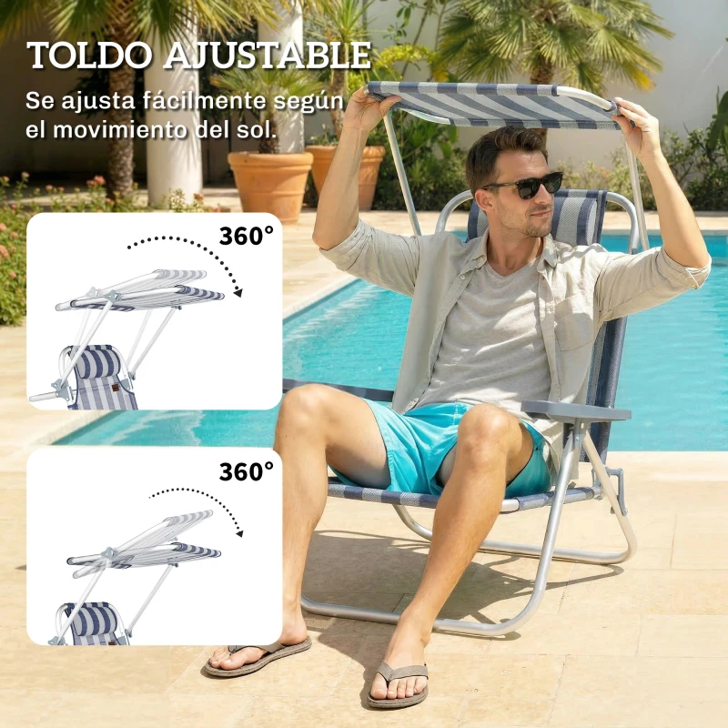 Outsunny Juego de 2 Sillas de Playa Plegables con Dosel Ajustable Respaldo Reclinable 6 Posiciones Reposacabezas Azul y Blanco