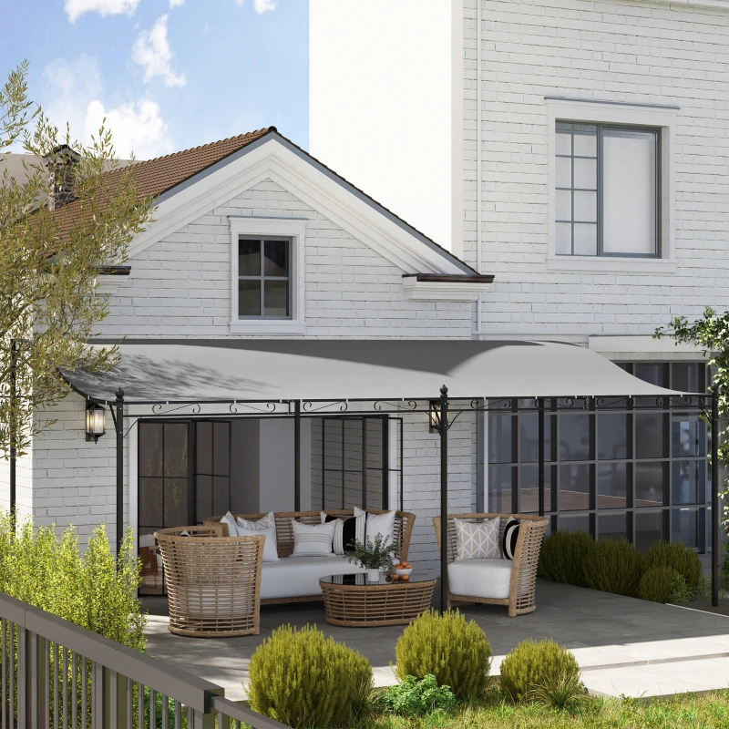 Outsunny Pérgola de Pared 3x6 m con Techo Inclinado Orificios de Drenaje y Estructura Metálica Gris Oscuro