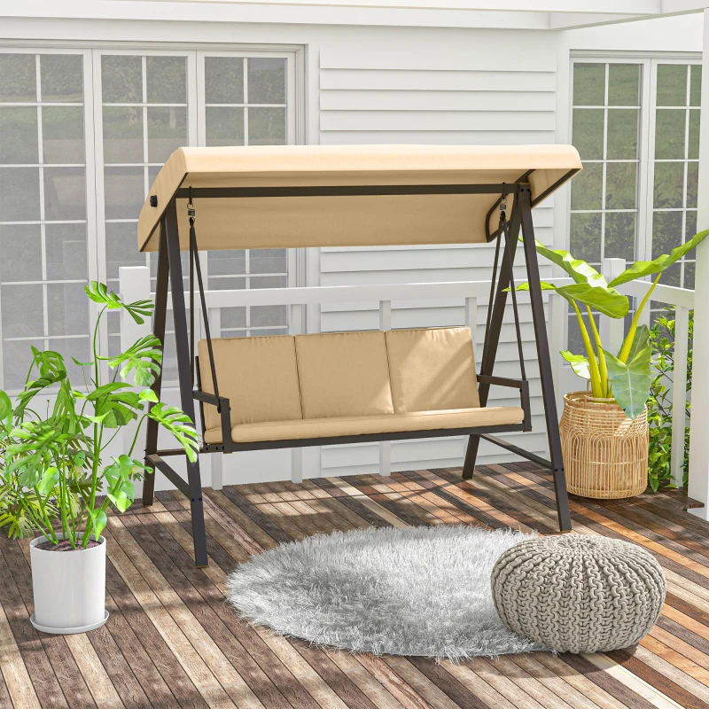 Outsunny 3-Sitzer Hollywoodschaukel, Gartenschaukel, verstellbares Sonnendach, 200 cm x 125 cm x 175 cm, Beige + Braun