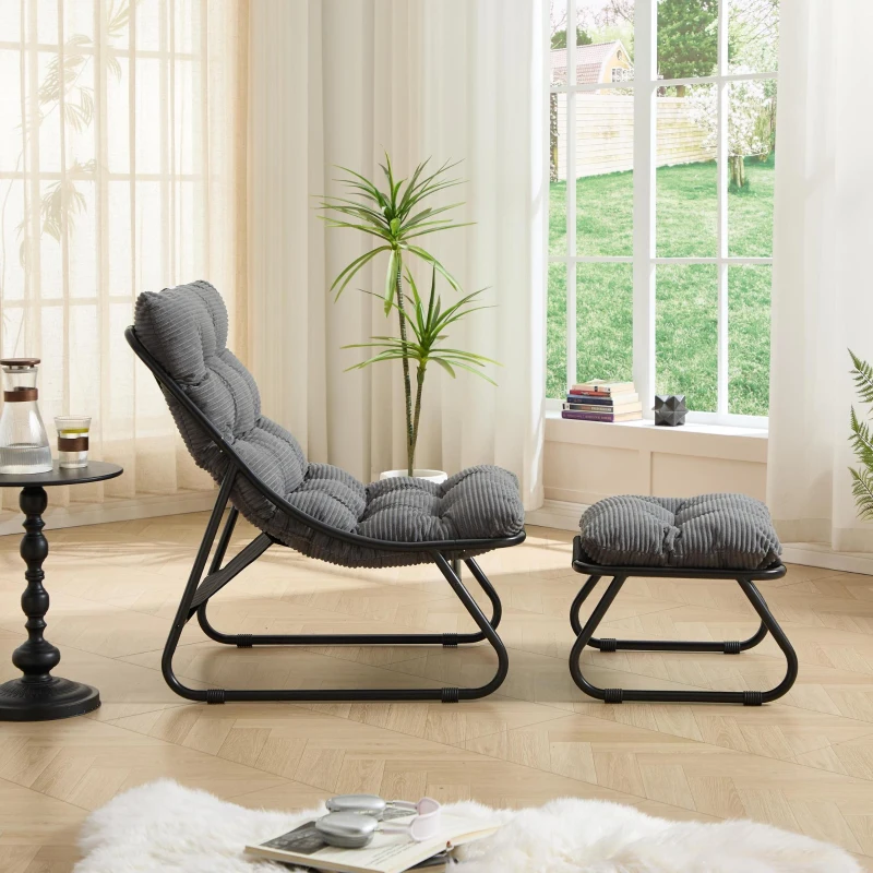 Fauteuil lounge d'extérieur avec pouf, coussin rembourré, tissu sling, structure en acier, Gris