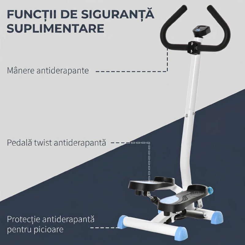 HOMCOM Stepper cu ghidon, pedale antiderapante și monitor LCD, din oțel și ABS, 55x44x108 cm, alb-negru și alb