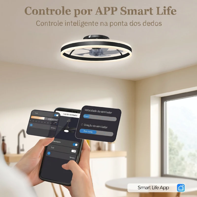 HOMCOM Ventoinha de Teto com Luz LED 6 Velocidades Motor Reversível e Comando Remoto Potência 45W Ø50x13,5 cm Preto