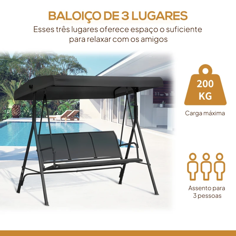 Outsunny Baloiço de Jardim Exterior de 3 Lugares com Toldo Reclinável Assento Respirável e Estrutura de Aço 175x118x159 cm Preto