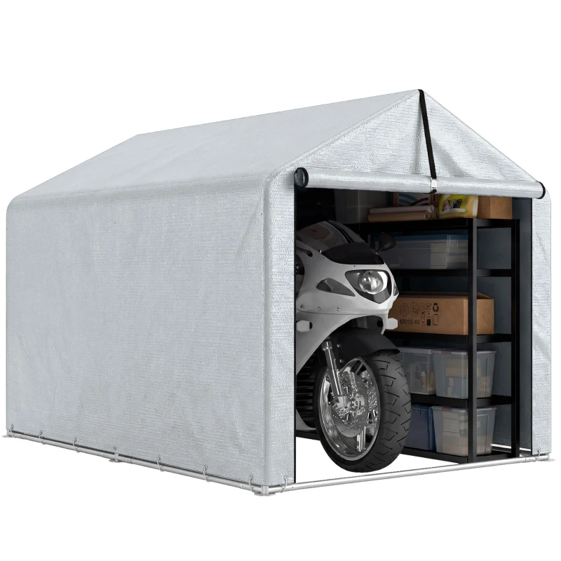 Outsunny Carpa de Jardín Exterior para Herramientas Bicicletas con Marco de Acero Galvanizado Puerta Enrollable Gris