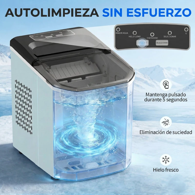 HOMCOM Máquina de Cubitos de Hielo Autolimpiable 12 kg/24H 9 Cubitos Listos en 7 Minutos 2 Tamaños de Hielo 1,5L Depósito Azul