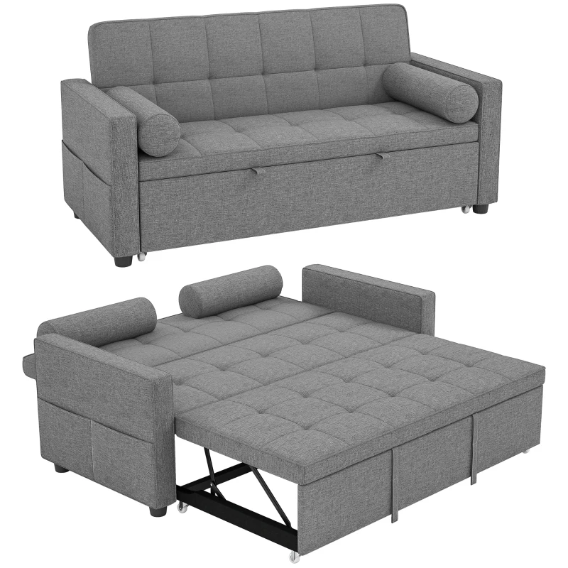 HOMCOM Sofá Cama 2 Plazas 3 en 1 Deslizantede Tejido Lino con Respaldo Ajustable Bolsillos 2 Cojines para Sala de Estar Gris