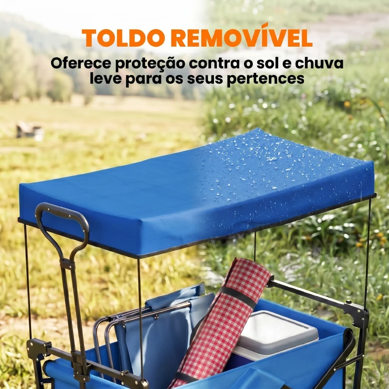 Outsunny Carrinho de Transporte Dobrável com Toldo Removível e Alça Ajustável Capacidade 100 kg para Campismo 97x52x105 cm Azul