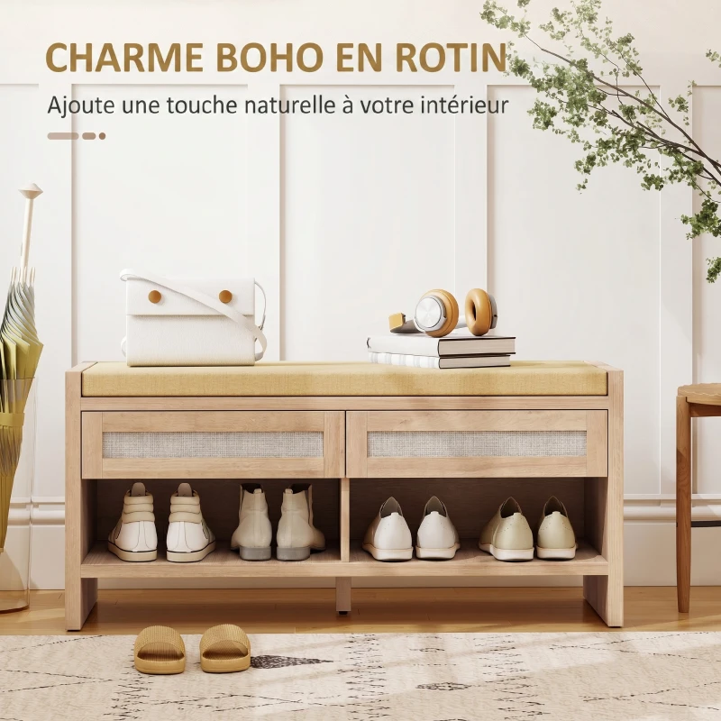 HOMCOM Banc chaussures entrée, banc de rangement, assise rembourrée en lin, 2 tiroirs en rotin et étagère ouverte, chêne