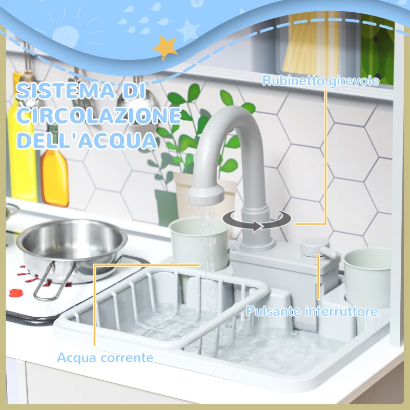 AIYAPLAY Set Cucina Giocattolo in Legno con Fornello con Luci e Suoni, Lavello con Circolo d'Acqua e Accessori, Bianco