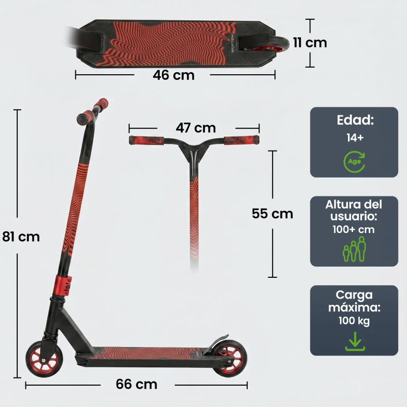 SPORTNOW Scooter Acrobático para Trucos Patinete Freestyle con Rodamientos ABEC-9 Ruedas 120 mm Giro 360° para Skatepark Rojo