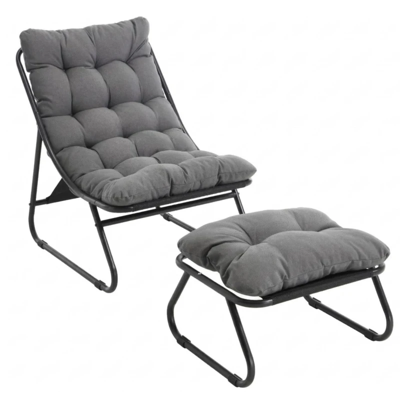 Fauteuil lounge d'extérieur avec pouf, coussin rembourré, tissu sling, structure en acier, Gris