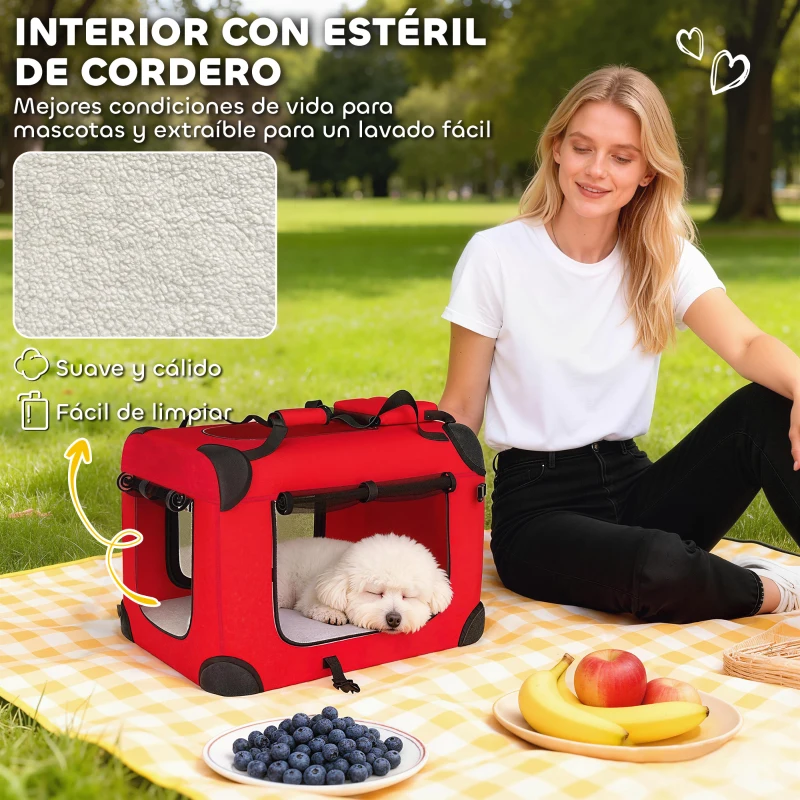 PawHut Transportín para Perros Plegable 60x41,5x41 cm con Ventanas de Malla Cojín Suave y 2 Asas para Mini Perros y Gatos Rojo